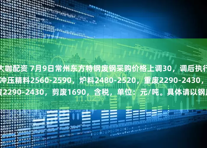 大咖配资 7月9日常州东方特钢废钢采购价格上调30，调后执行价：边角精料2590，冲压精料2560-2590，炉料2480-2520，重废2290-2430，剪废1690，含税，单位：元/吨。具体请以钢厂价格表为准。